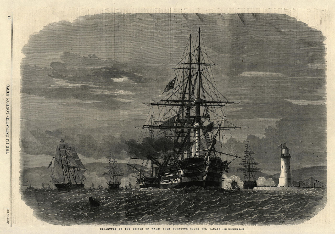 Prince of Wales (Edward VII) departing Plymouth Sound for Canada. Devon 1860